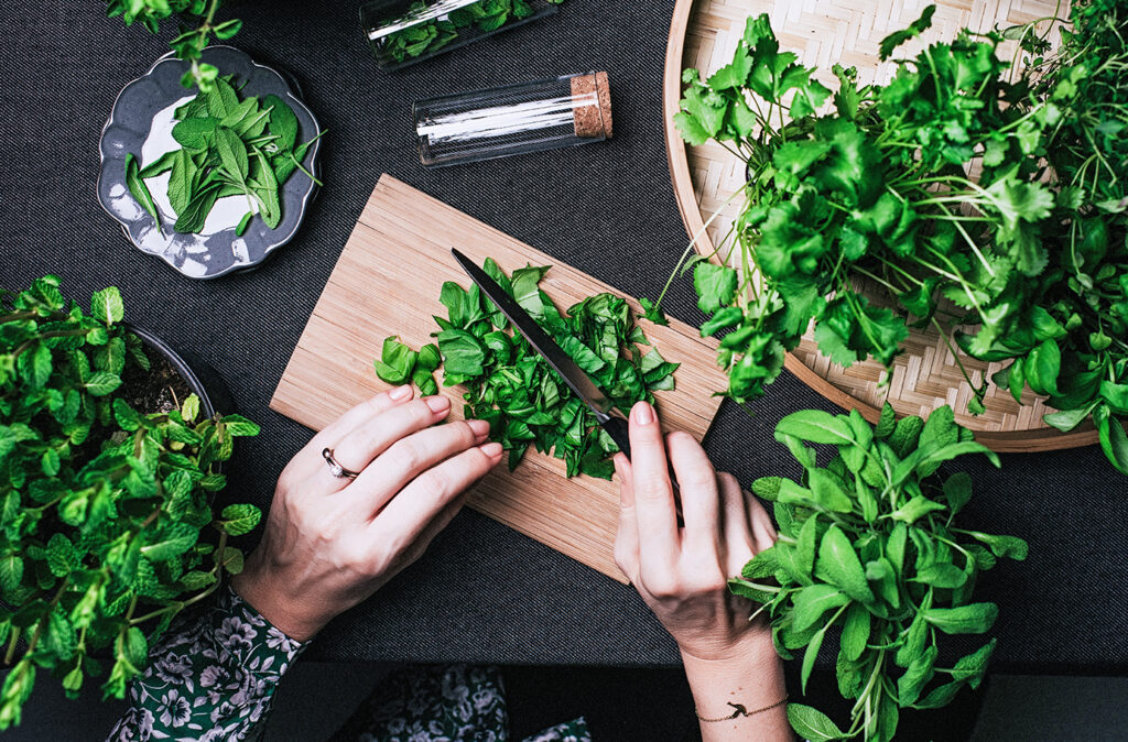 Woman cutting various fresh leaf herbs like sage basil oregano thyme
Photo taken from above overhead with strobe light