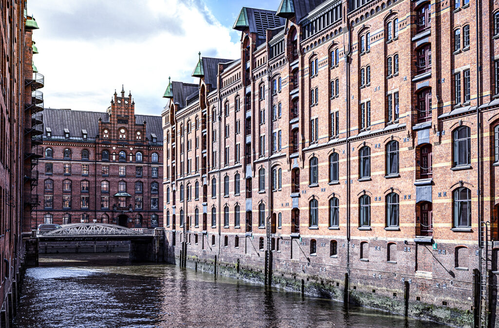 View of the Speicherstadt, also called as Hafen City, in Hamburg, Germany. Its a popular harbour quarter for tourists in Hamburg.