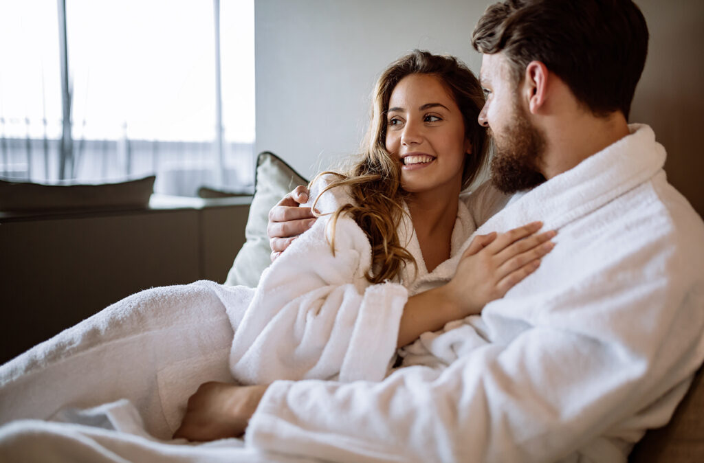 Romantic couple enjoying honeymoon and wellness treatments