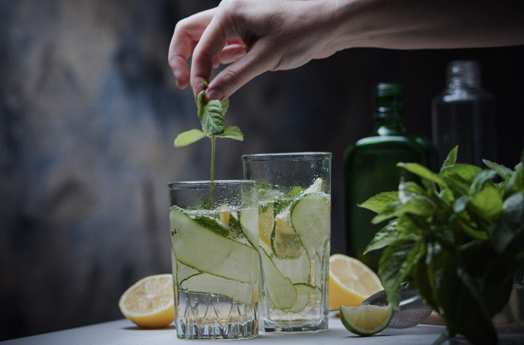 Cucumber, mint and basil gin tonic