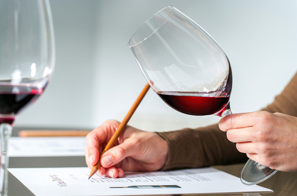 Extreme close up of sommelier evaluating red wine in wine glass at tasting.