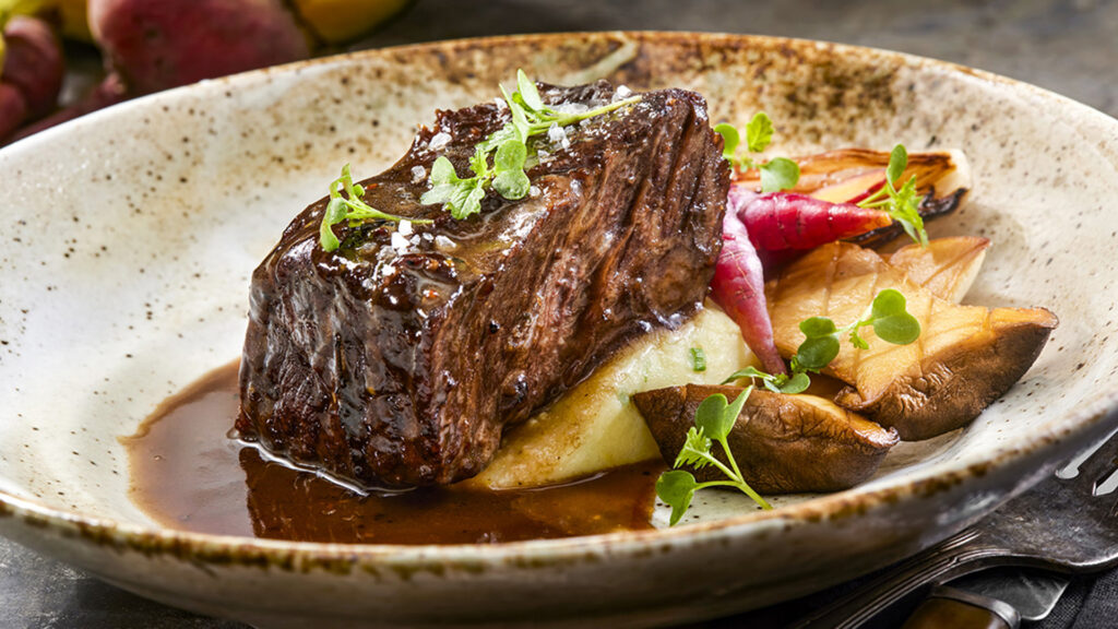 Red Wine Braised Boneless Short Rib  with King Oyster Mushrooms, Chive Mashed Potatoes and Black Truffle Au jus