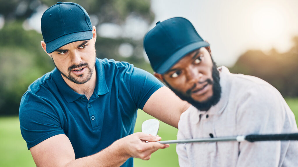 Teaching, lesson and men playing golf, learning good form and sports hobby. Help, instructor and a black man with a coach for professional sport training, physical activity and golfing on a course