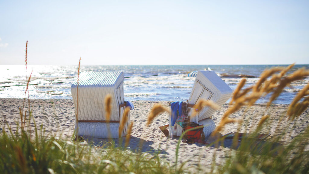 Public Hooded Beach Chairs by the water.