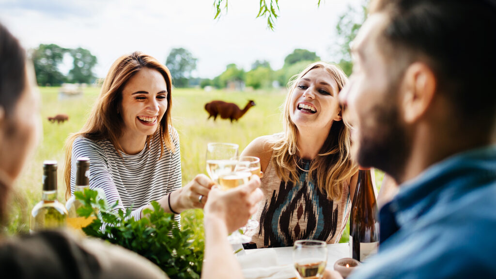 A young group of friends smiling and drinking wine together while having lunch at a local farm.