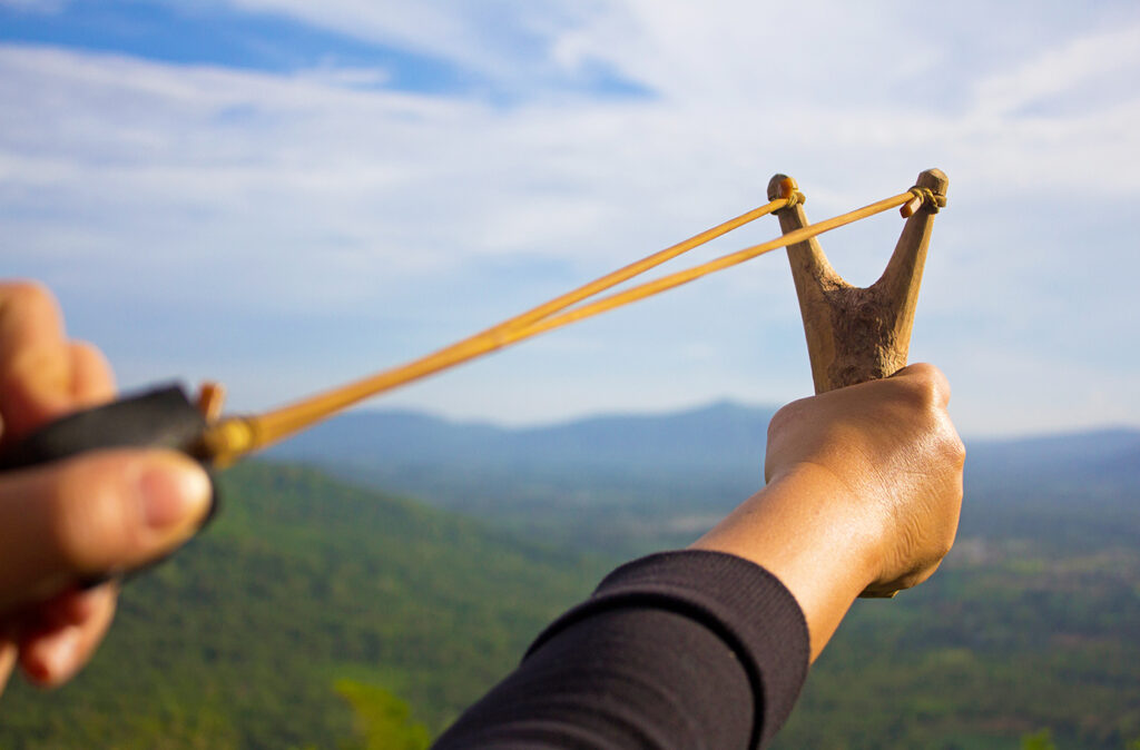 Hand pulling sling shot preparing to shot the tree seed into the forest