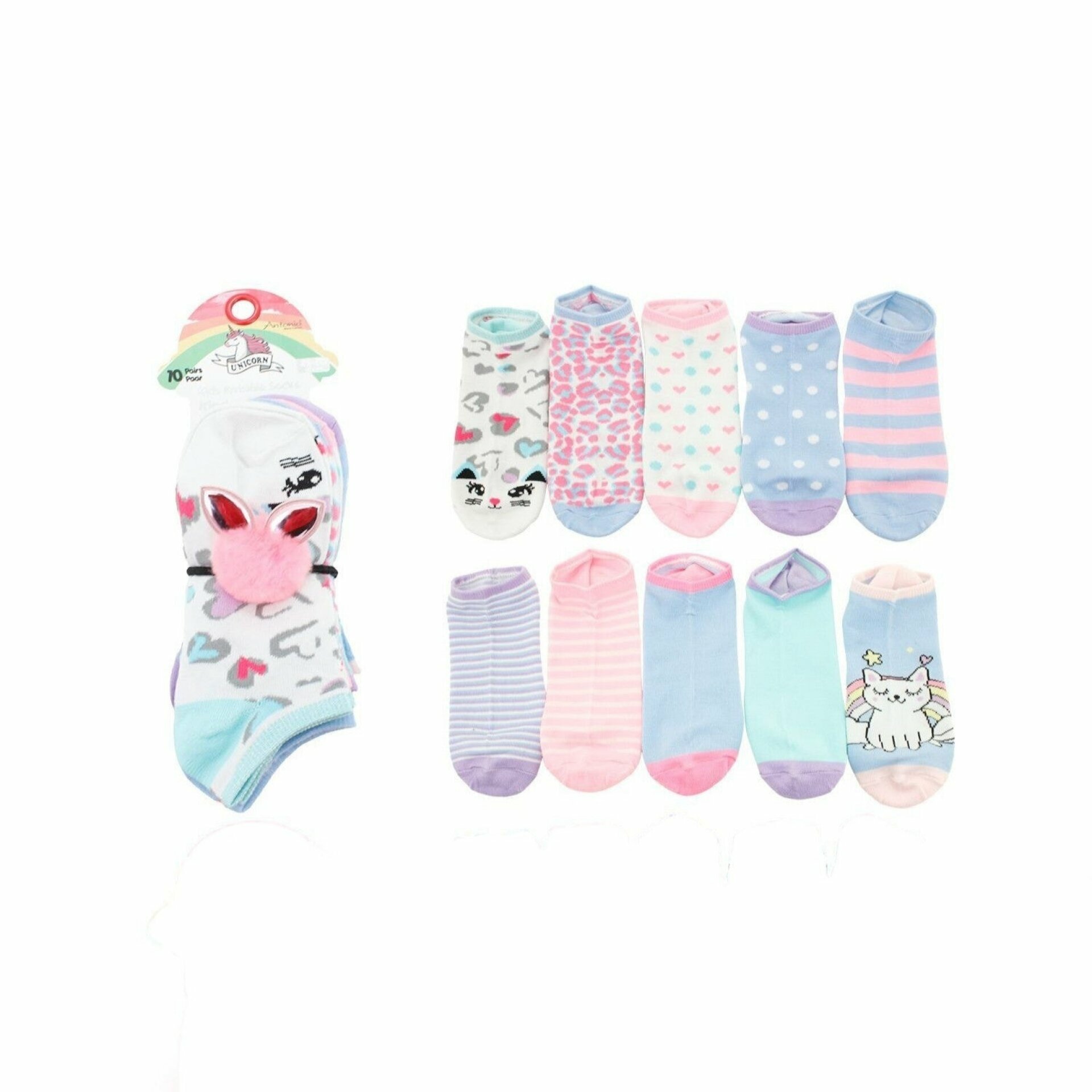 10er Pack Kinder Socken » Set 10 Paar bunte Kindersocken » Kinderstrümpfe 'Regenbogen' - Katze / 31-34