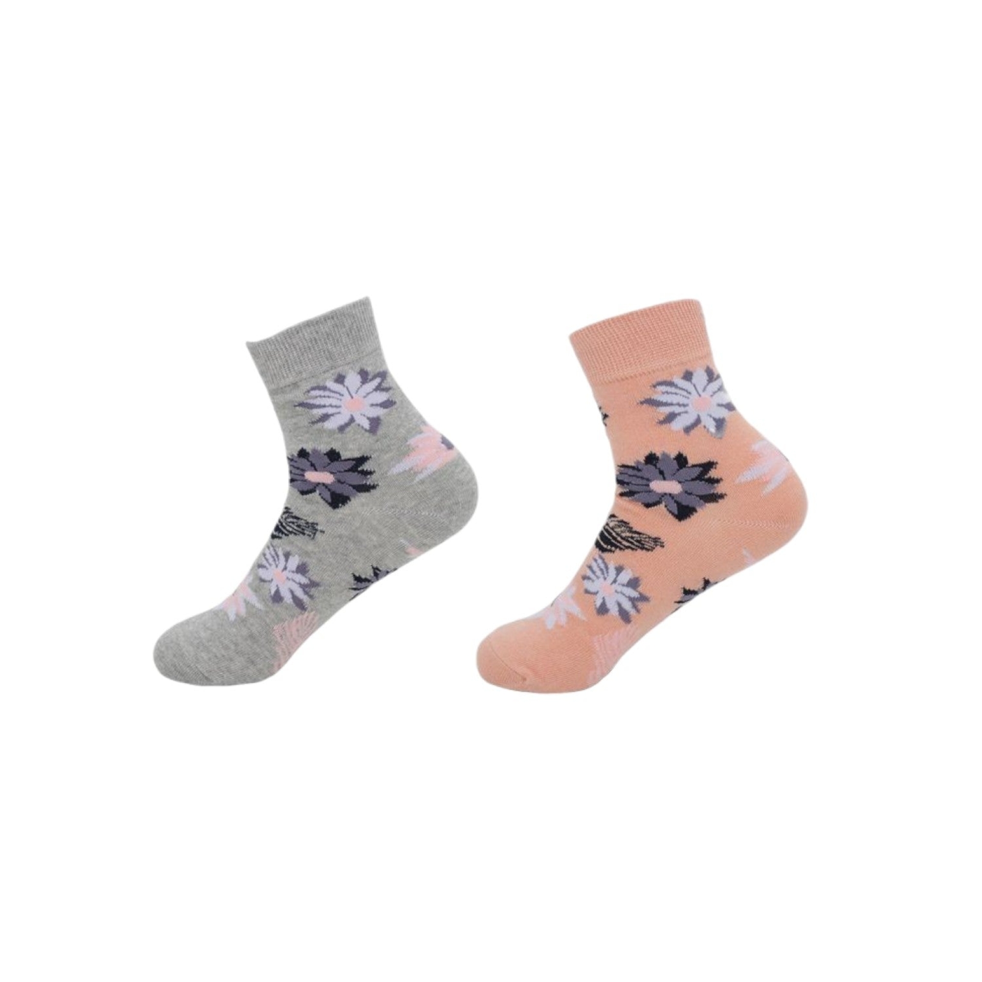 2er Pack Damen Socken » 2 Paar Strümpfe 'Garden Socks' » atmungsaktive Damensocken in Einheitsgröße (36-41) » Garden Blumendesign - Grau/Apricot