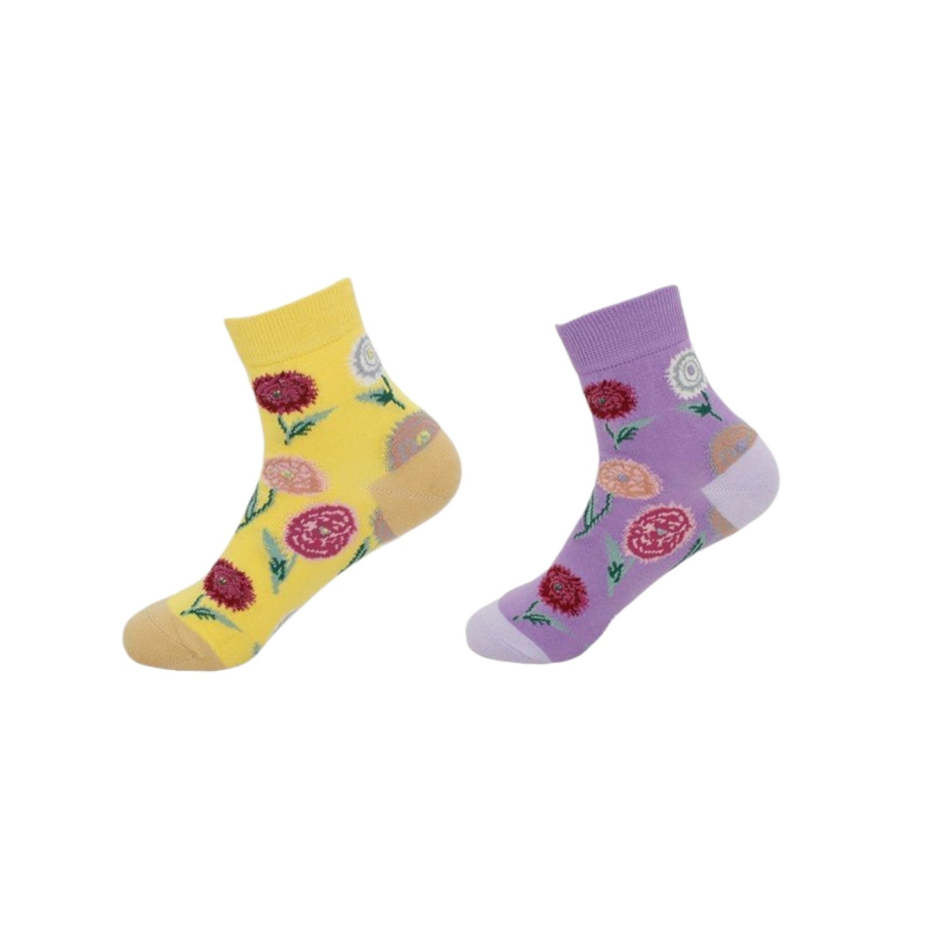 2er Pack Damen Socken » 2 Paar Strümpfe 'Garden Socks' » atmungsaktive Damensocken in Einheitsgröße (36-41) » Garden Blumendesign - Gelb/Lila