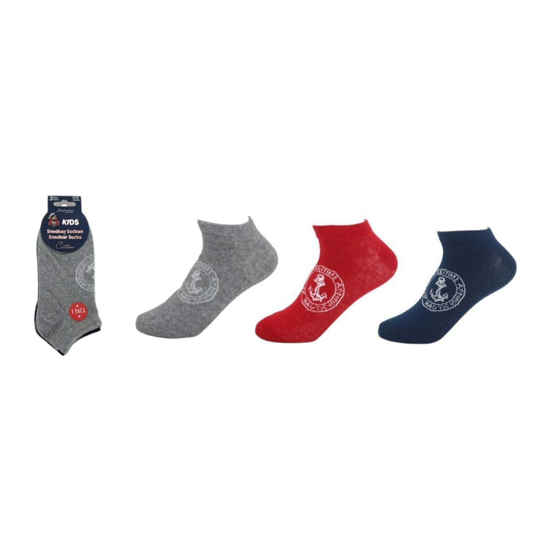 Kinder Sneaker 3er Pack » Socken Maritim Style » 3 Paar Kindersocken » Wollsocken - Anker / 27-30