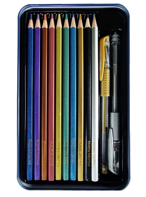 Metallic-Buntstifte, 10er Set + 2 Gelstifte in Gold und Silber in Metalldose