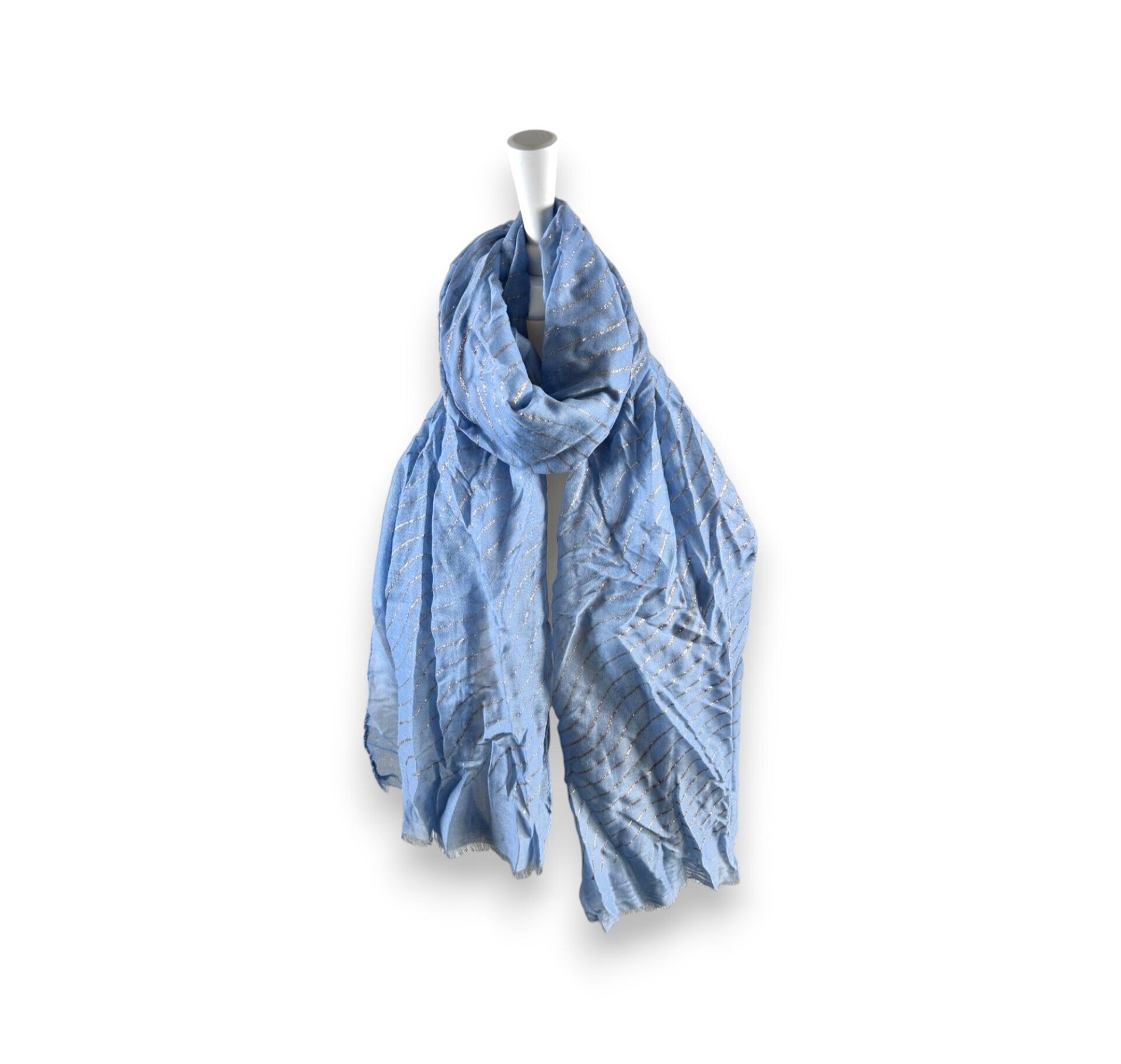 Damen Sommer Schal Glitzer Linien » leichtes Halstuch 180 x 70 cm » Sommerschal mit Glitzerstreifen » weich & dünn - Blau / Gold