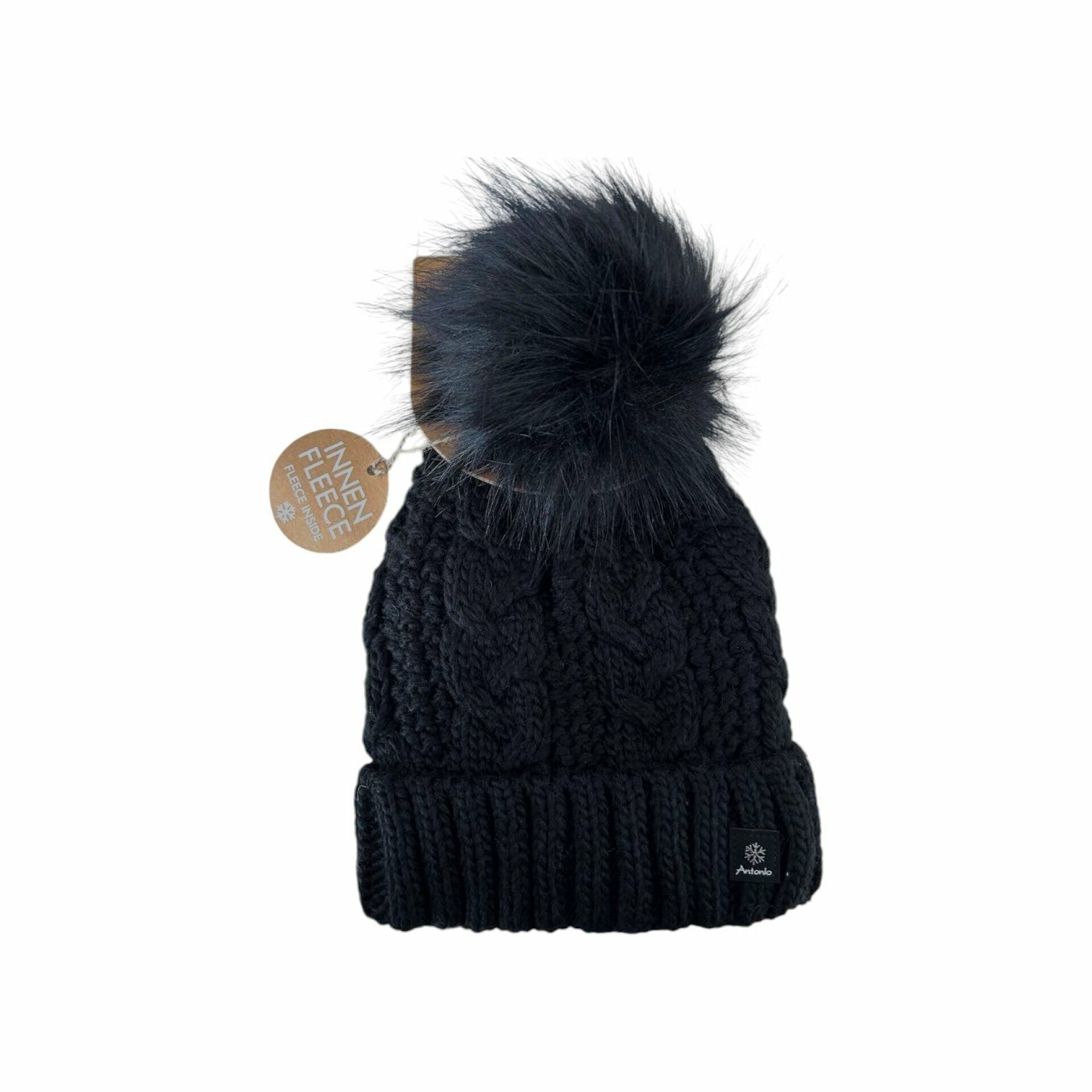 Strickmütze für Damen » gefütterte Wintermütze mit Fleece » Bommelmütze » Damenmütze mit Zopfmuster - Schwarz