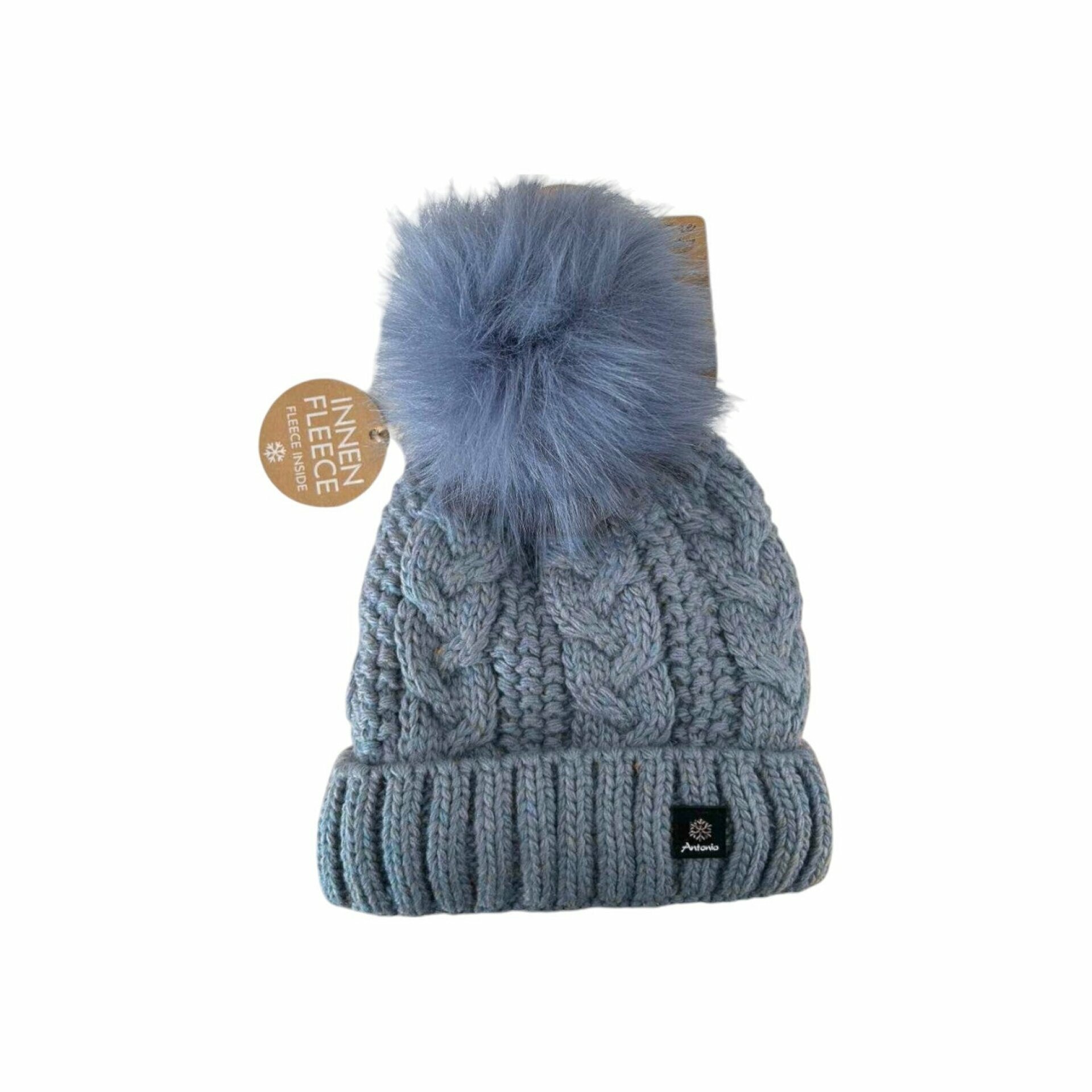 Strickmütze für Damen » gefütterte Wintermütze mit Fleece » Bommelmütze » Damenmütze mit Zopfmuster - Blau