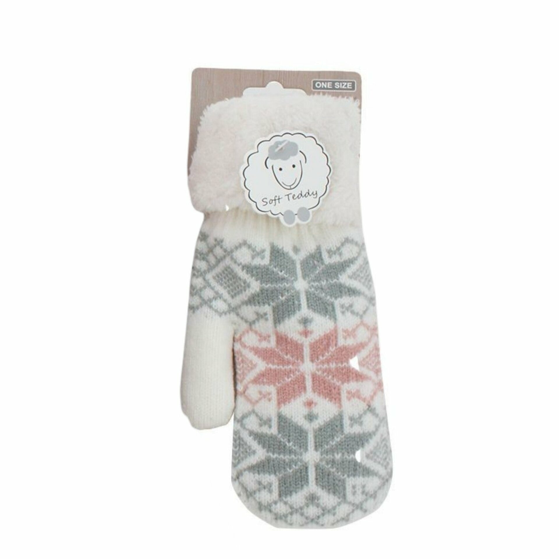 Damen Fäustlinge mit Teddy Futter » Winterhandschuhe gefüttert » Soft Teddy Handschuhe » Strickhandschuhe Norweger Stern - Weiß