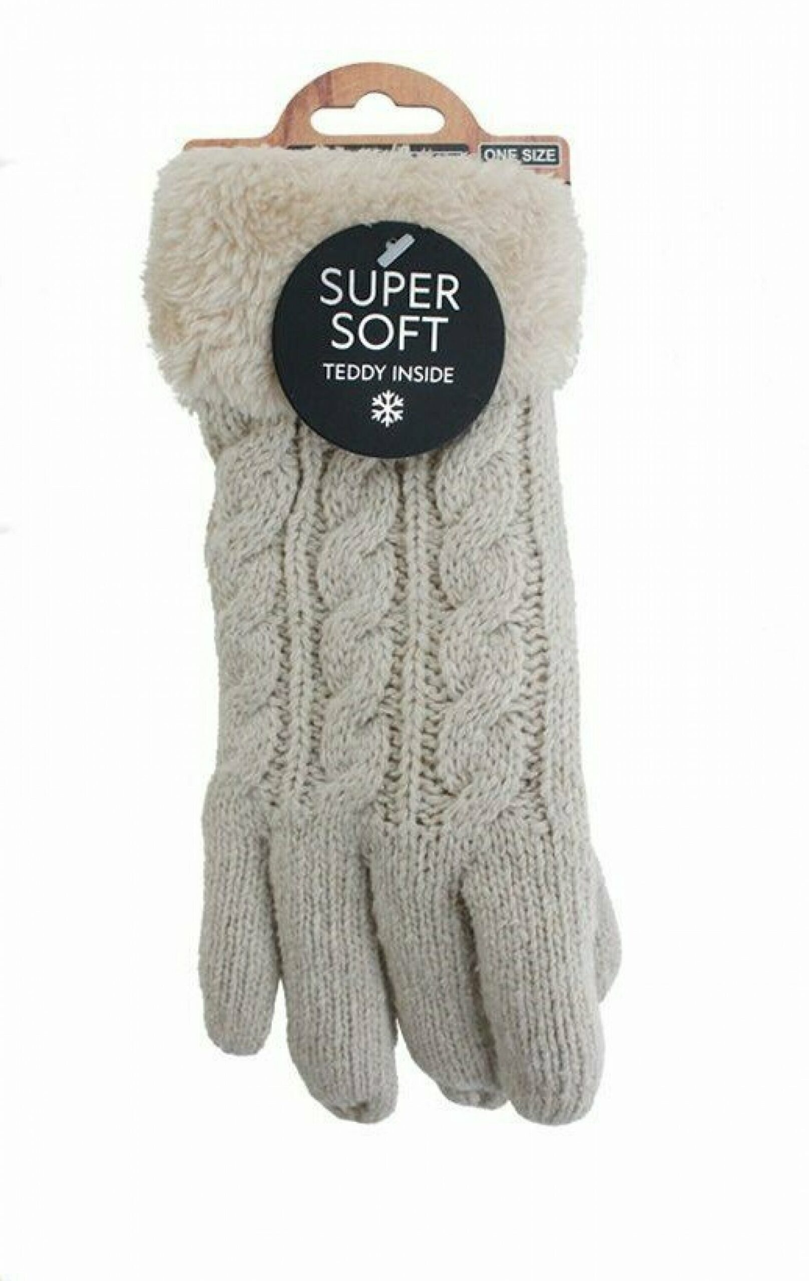 Gefütterte Strickhandschuhe » Teddy Winterhandschuhe mit Strickmuster » Fingerhandschuhe Super Soft mit Strickoptik - Beige
