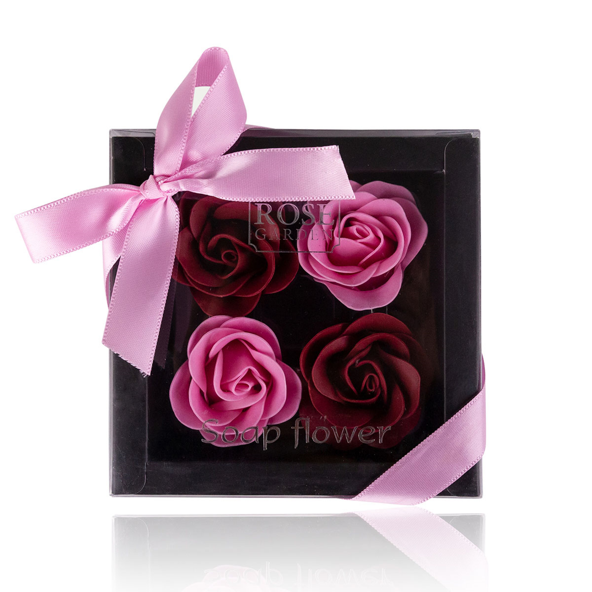 Baderosen Geschenkbox mit 4 x 4g » Badekonfetti | Seifenrosen in dunkler Geschenkverpackung mit Schleife | Rosen Duft - Dunkelrot-Pink