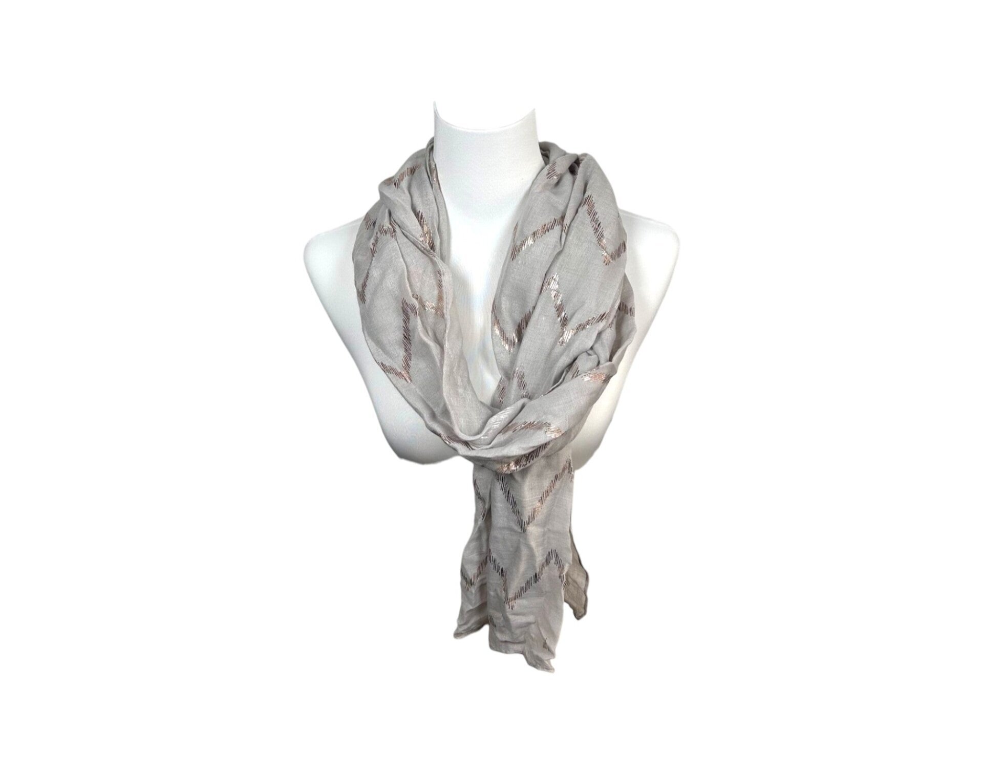 Sommer Damen Schal » Zick Zack Muster » leichter Sommerschal 180 x 70 cm » Halstuch mit glänzendem Zickzack Aufdruck » Damenschal weich & dünn - Grau