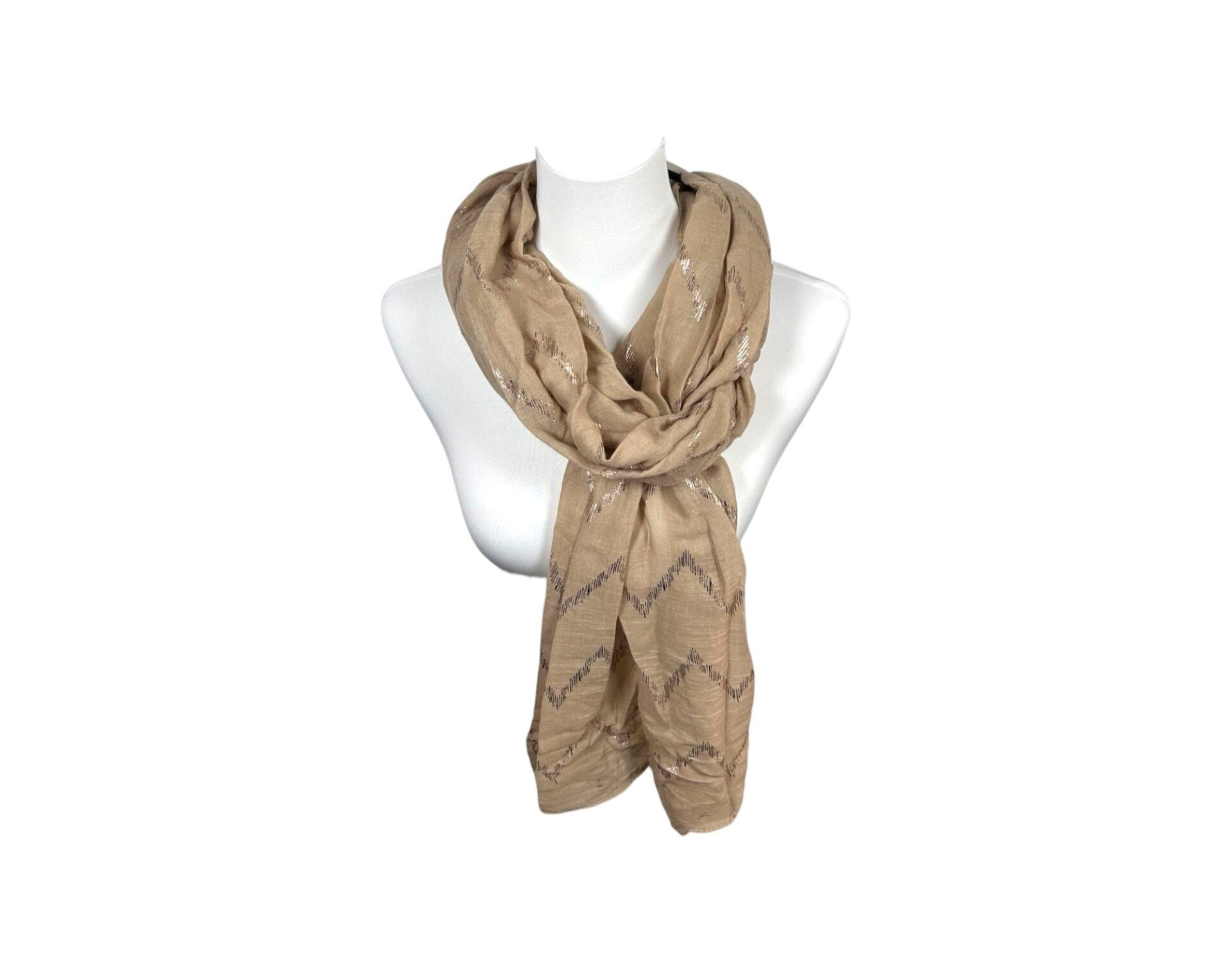Sommer Damen Schal » Zick Zack Muster » leichter Sommerschal 180 x 70 cm » Halstuch mit glänzendem Zickzack Aufdruck » Damenschal weich & dünn - Braun
