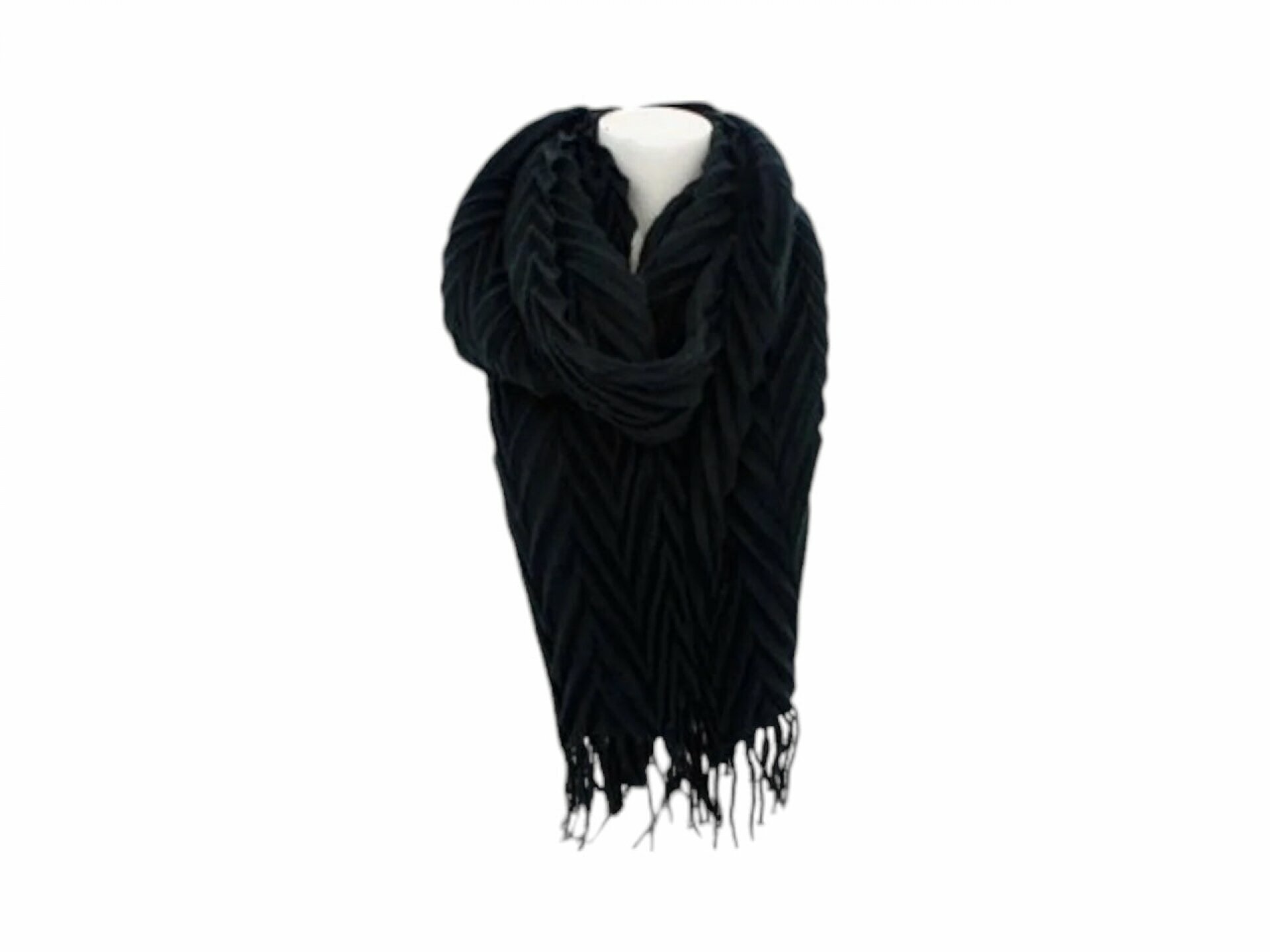 Winter Damen Schal » Fransenschal 220 x 72 cm » Damenschal in Faltenoptik » Winterschal Soft Cashmera Plissee - Schwarz