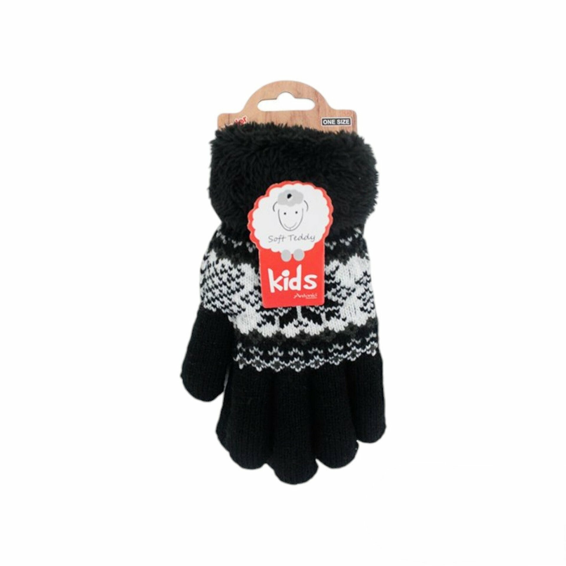Kinder Winter Handschuhe » Fingerhandschuhe Norweger Stern » Strickhandschuhe warm gefütterte » Soft Teddy Kinderhandschuhe - Schwarz