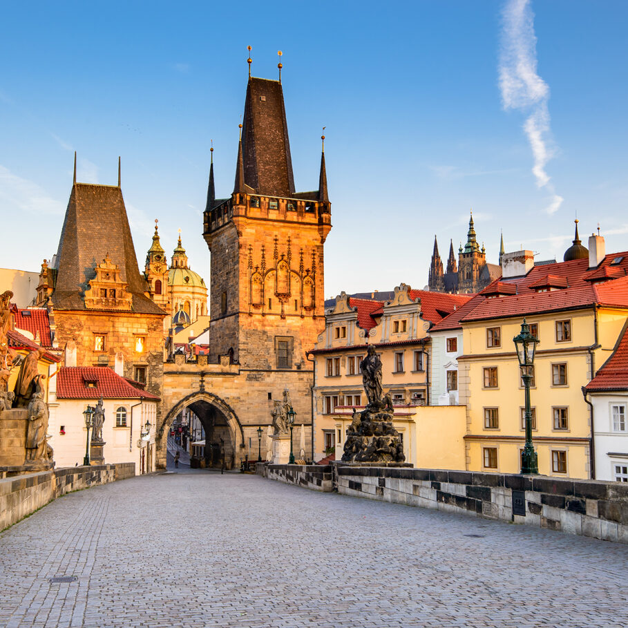 Prague, Czech Republic. Charles Bridge with its statuette, Lesser Town Bridge Tower and the tower of the Judith Bridge.