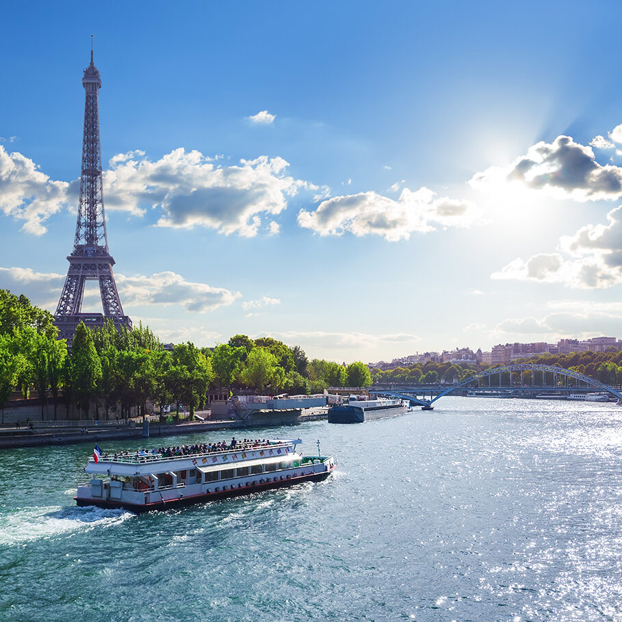 Eiffel Tower and bridge Iena on the river Seine in Paris, France.