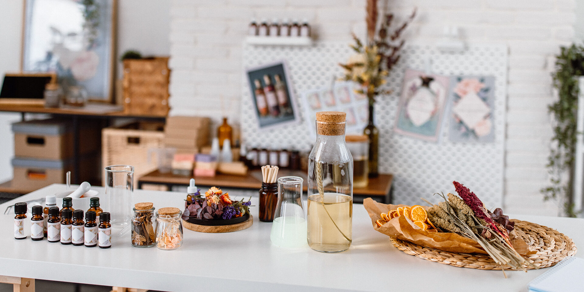 Small home cosmetics workshop Different ingredients and tools on desk in home cosmetics workshop
