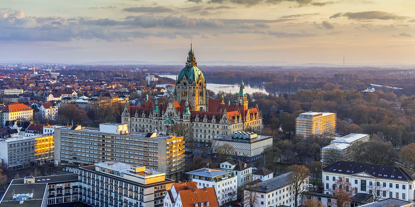 Aerial view of Hannover at evening. Aerial view of the City Hall of Hannover at evening, Germany