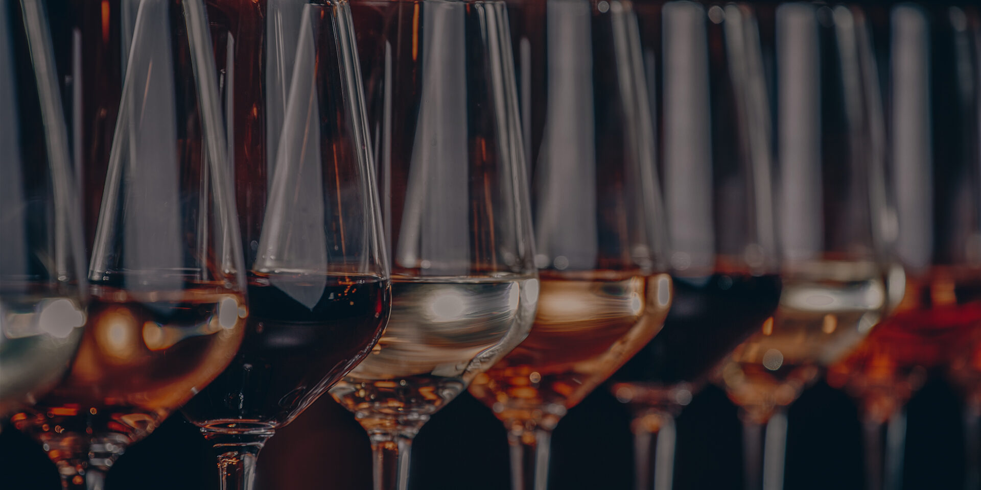 Wine glasses in a row. Buffet table celebration of wine tasting. Nightlife, celebration and entertainment concept Wine glasses in a row. Buffet table celebration of wine tasting. Nightlife, celebration and entertainment concept. Horizontal, cold toned image