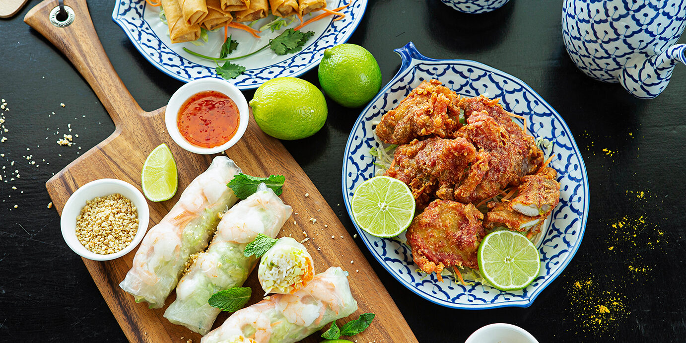 Thai appetizer dishes High angle view variety of of Thai starter