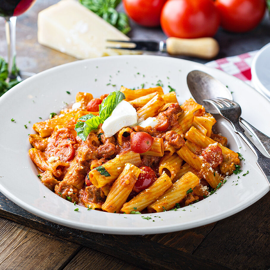 Rigatoni bolognese with fresh mozarella and basil in a big plate