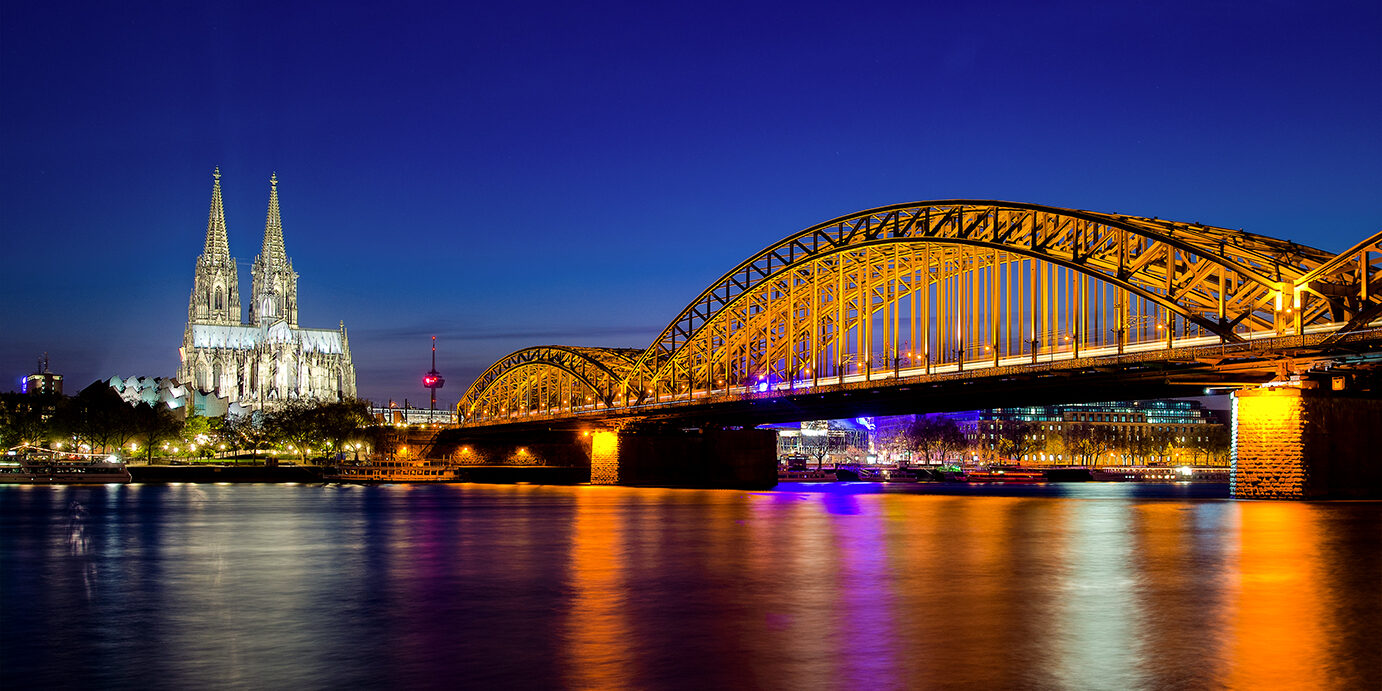 Cologne, Germany. Image of Cologne with Cologne Cathedral. Cologne, Germany. Image of Cologne with Cologne Cathedral during twilight blue hour in Germany.