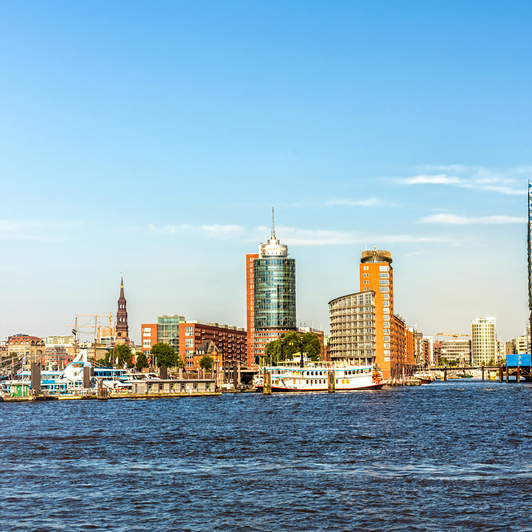 Hamburg skyline with Landungsbrücken and Elbphilharmonie