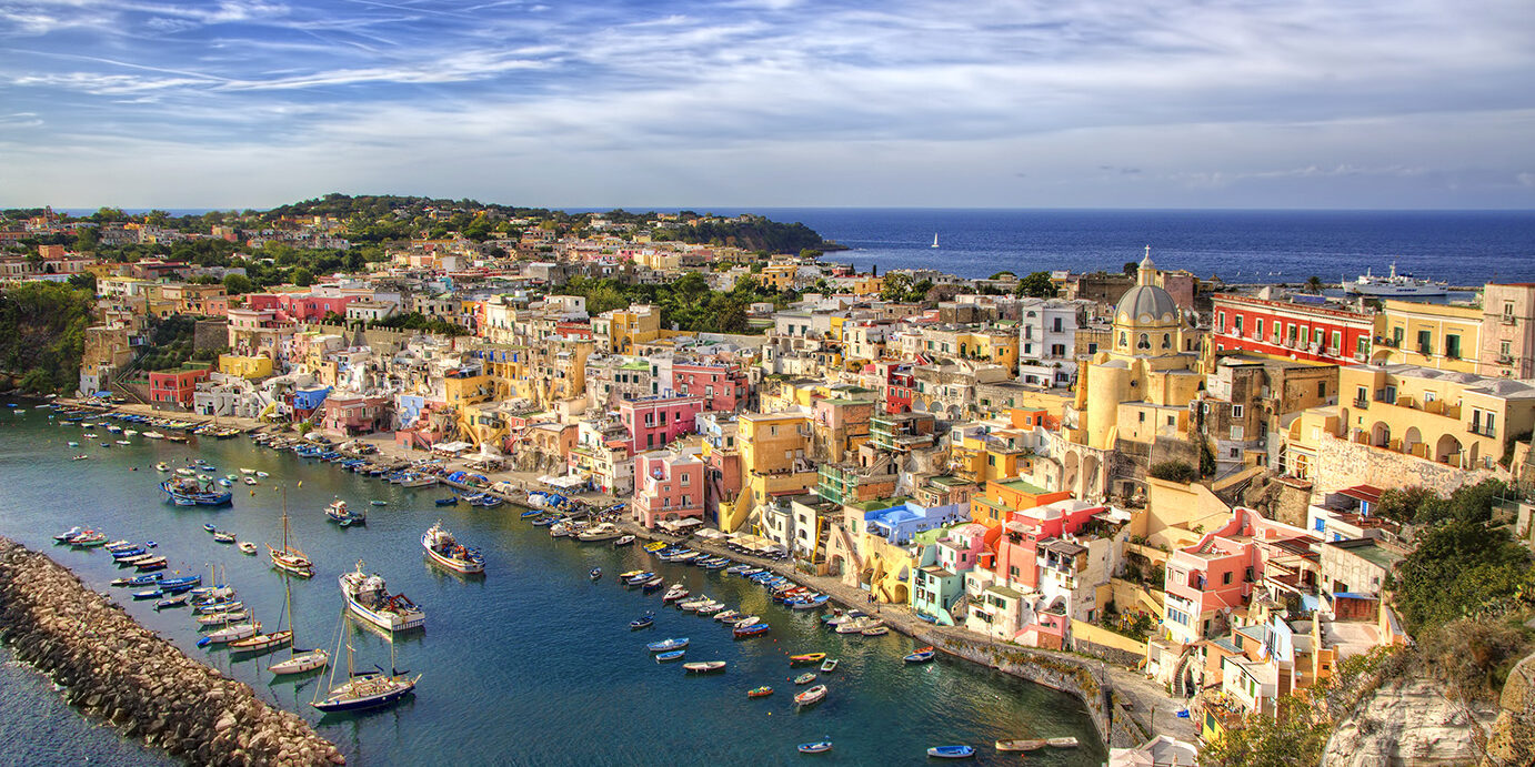 From the Island of Procida, Bay of Naples, Italy Harbor and ciry of Corricella, Island of Procida, Bay of Naples, Italy