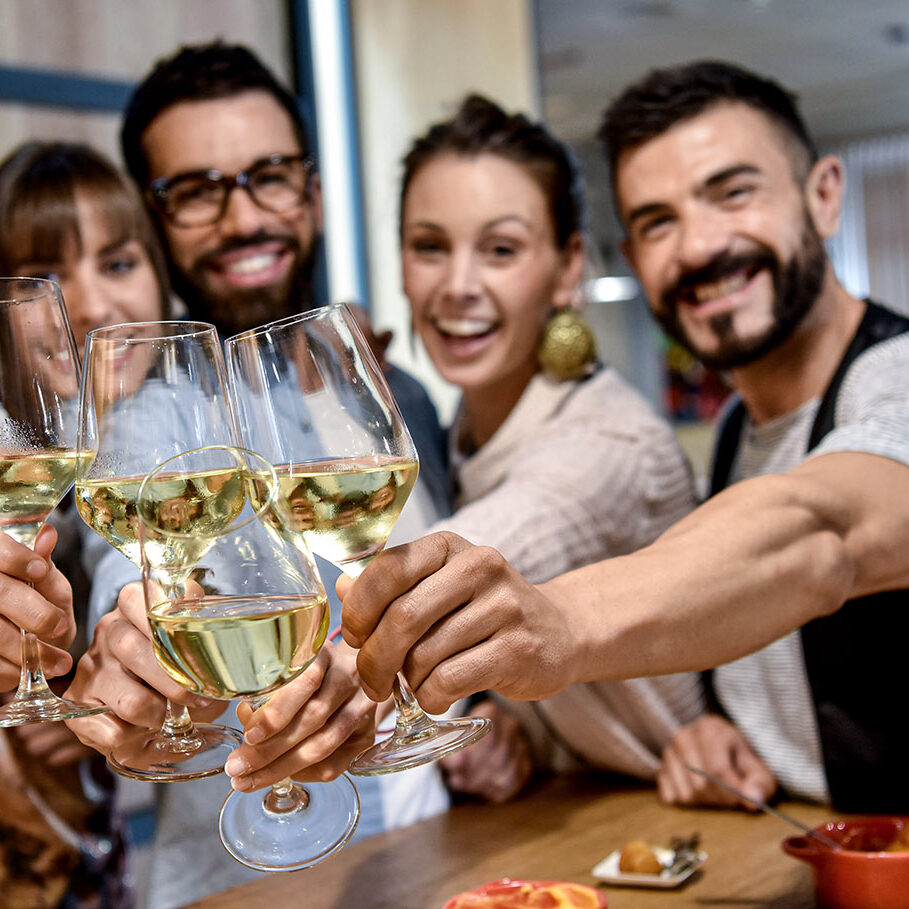 Portrait of friends in a bar drinking wine