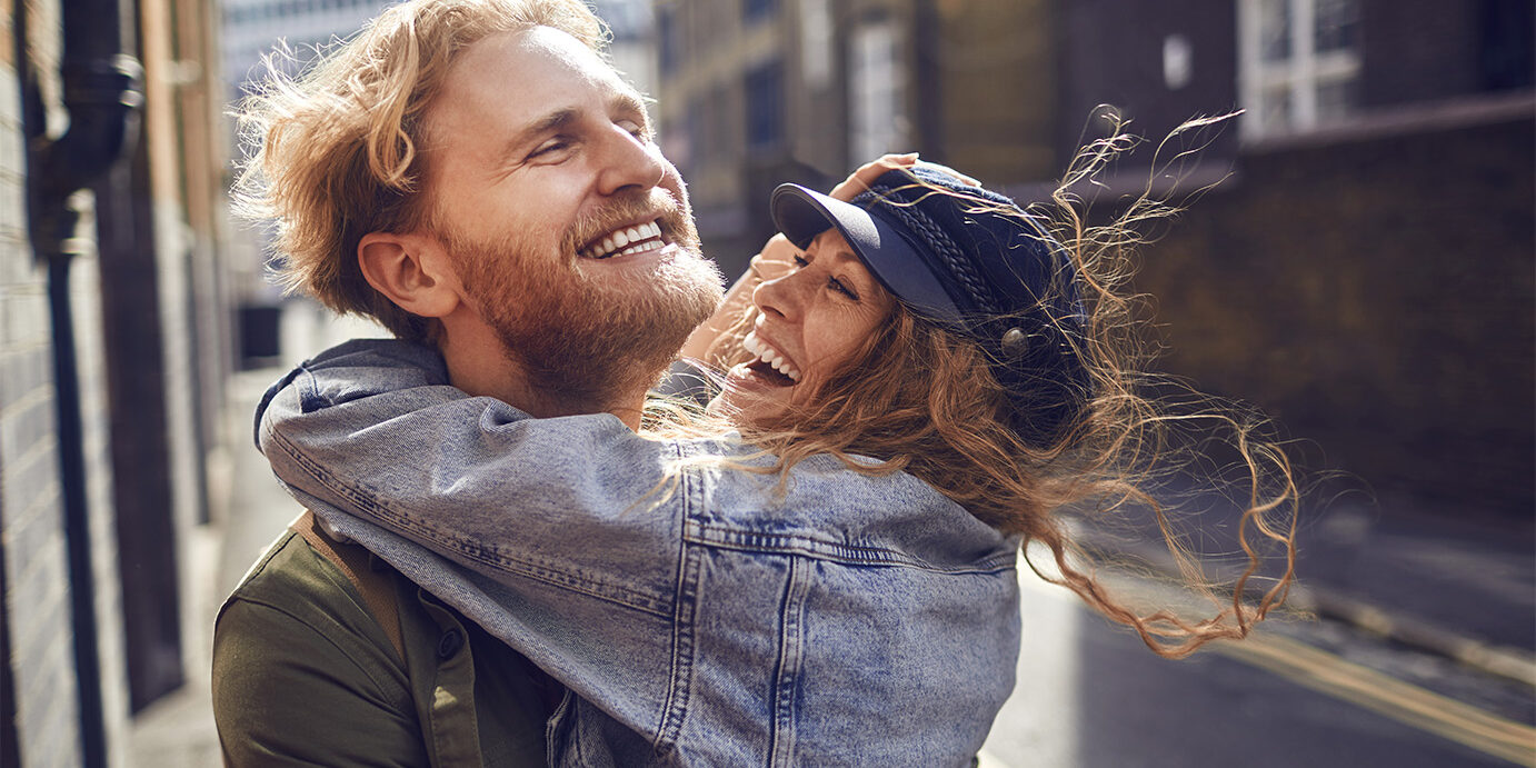 Close up of a happy couple walking