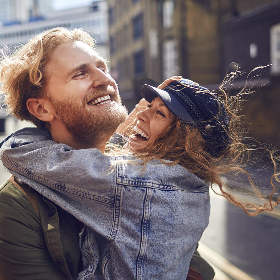 Close up of a happy couple walking