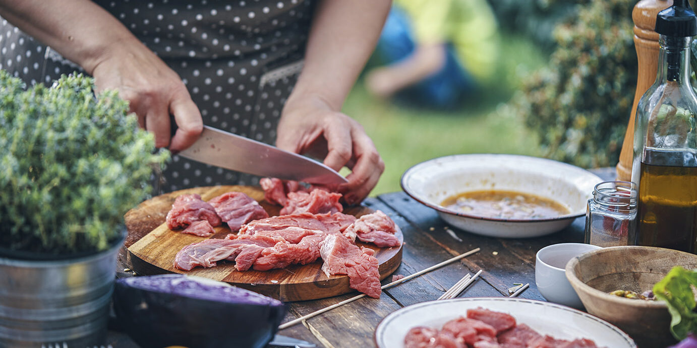 Preparing Beef Kebab with Vegetables Outside Preparing Beef Kebab with Vegetables Outside