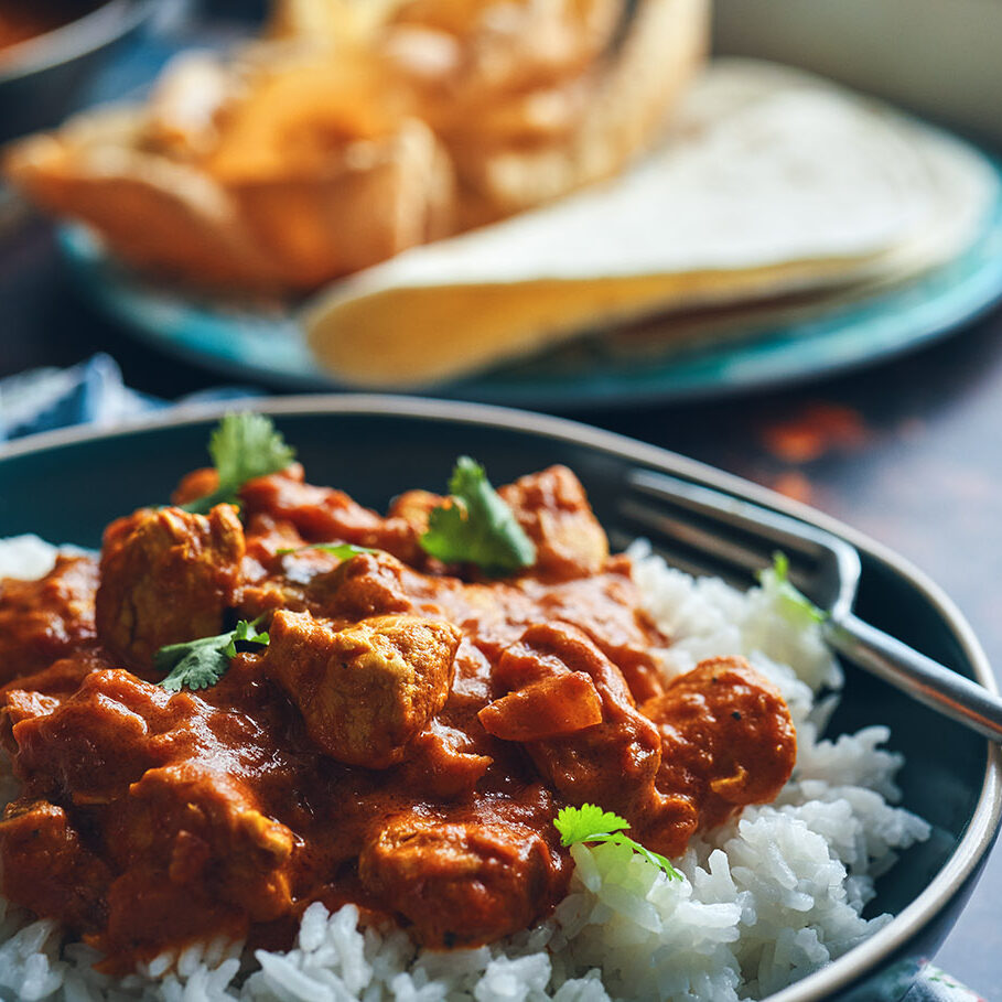 Indian Chicken Curry with Naan Bread and Poppadum