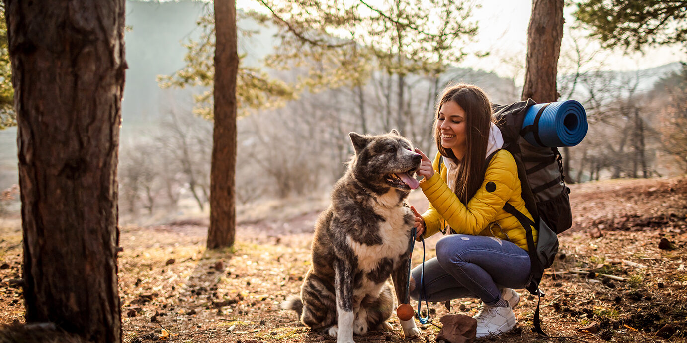 Woman with her dog hiking in the forest, getting away from the city concept.