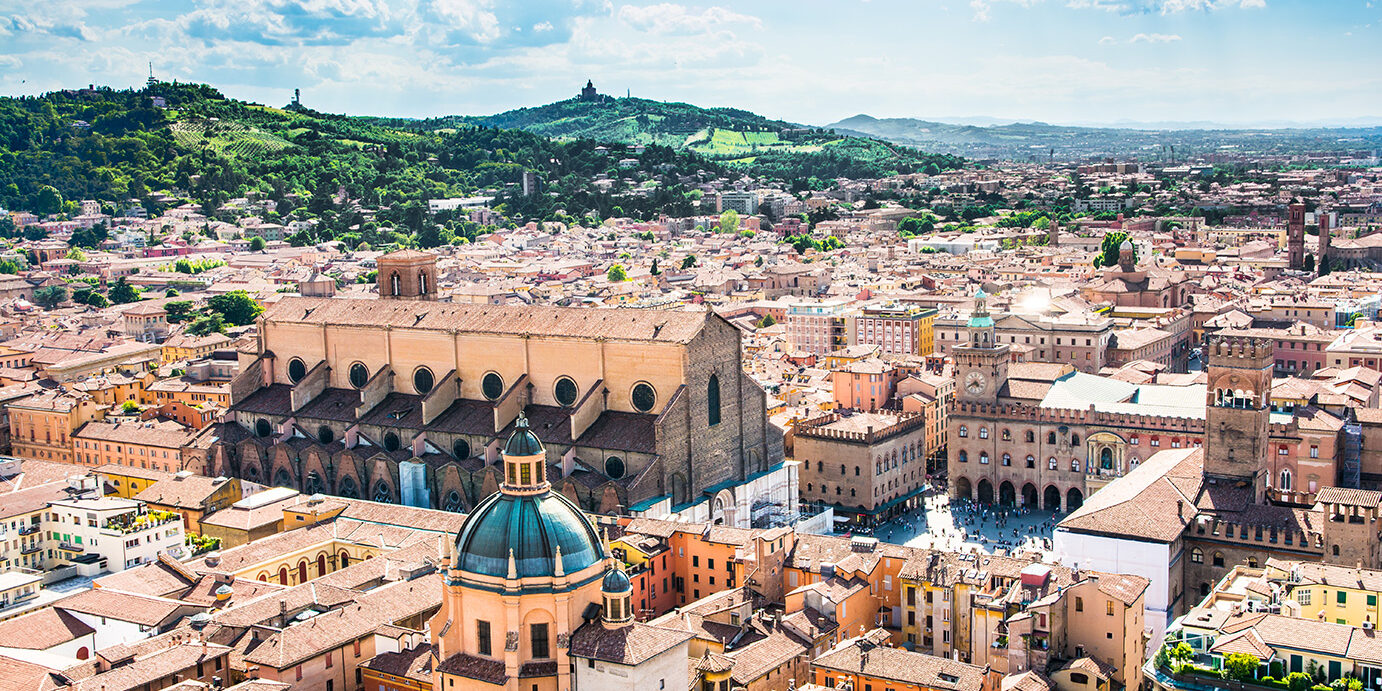 Bologna Bologna,Italy-May 17,2014:panorama of Bologna view from the famous "Asinelli" tower located in the centre of the city.You can see the dome of St. Petronio and the central main square.