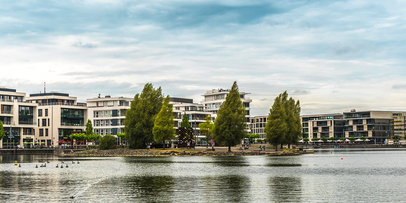 View of the Phoenix lake (Phoenixsee) in Dortmund, Germany, copy space