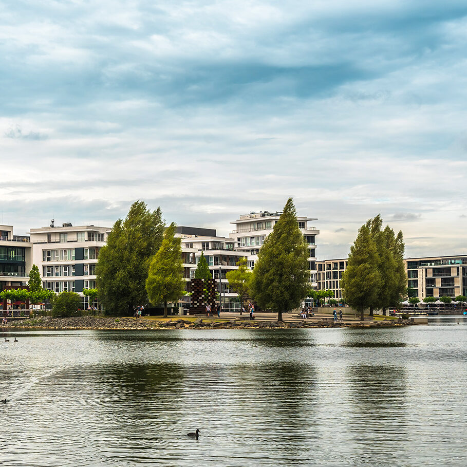 View of the Phoenix lake (Phoenixsee) in Dortmund, Germany, copy space