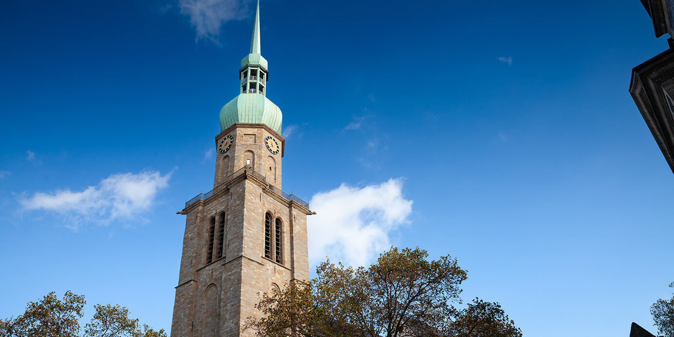 Picture of the chuch of reinoldikirche church in Dortmund, Germany. The Lutheran Protestant Church of St. Reinold is, according to its foundation date, the oldest extant church in Dortmund, Germany; it is dedicated to Reinold, also known as Renaud de Montauban, the patron of the city. The church was built as a palatine church in the Ottonian era. The present building is a late Romanesque church with a late gothic quire. St. Reinold's was built from 1250 to 1270, and is located in the centre of the city, directly at the crossing of the Hellweg (a historic trade route) and the historic road from Cologne to Bremen. St. Reinoldi's congregation is a member of the Evangelical Church of Westphalia, an umbrella comprising Lutheran, Reformed and united Protestant congregations.