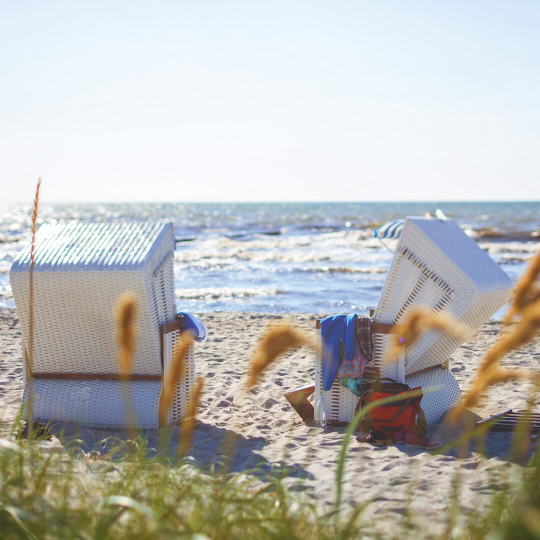 Public Hooded Beach Chairs by the water.