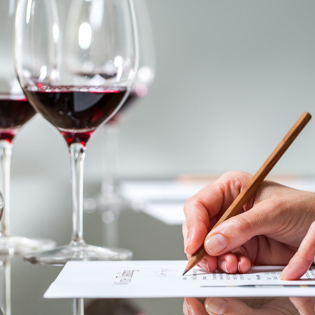 Extreme close up of female hand taking notes at red wine tasting.