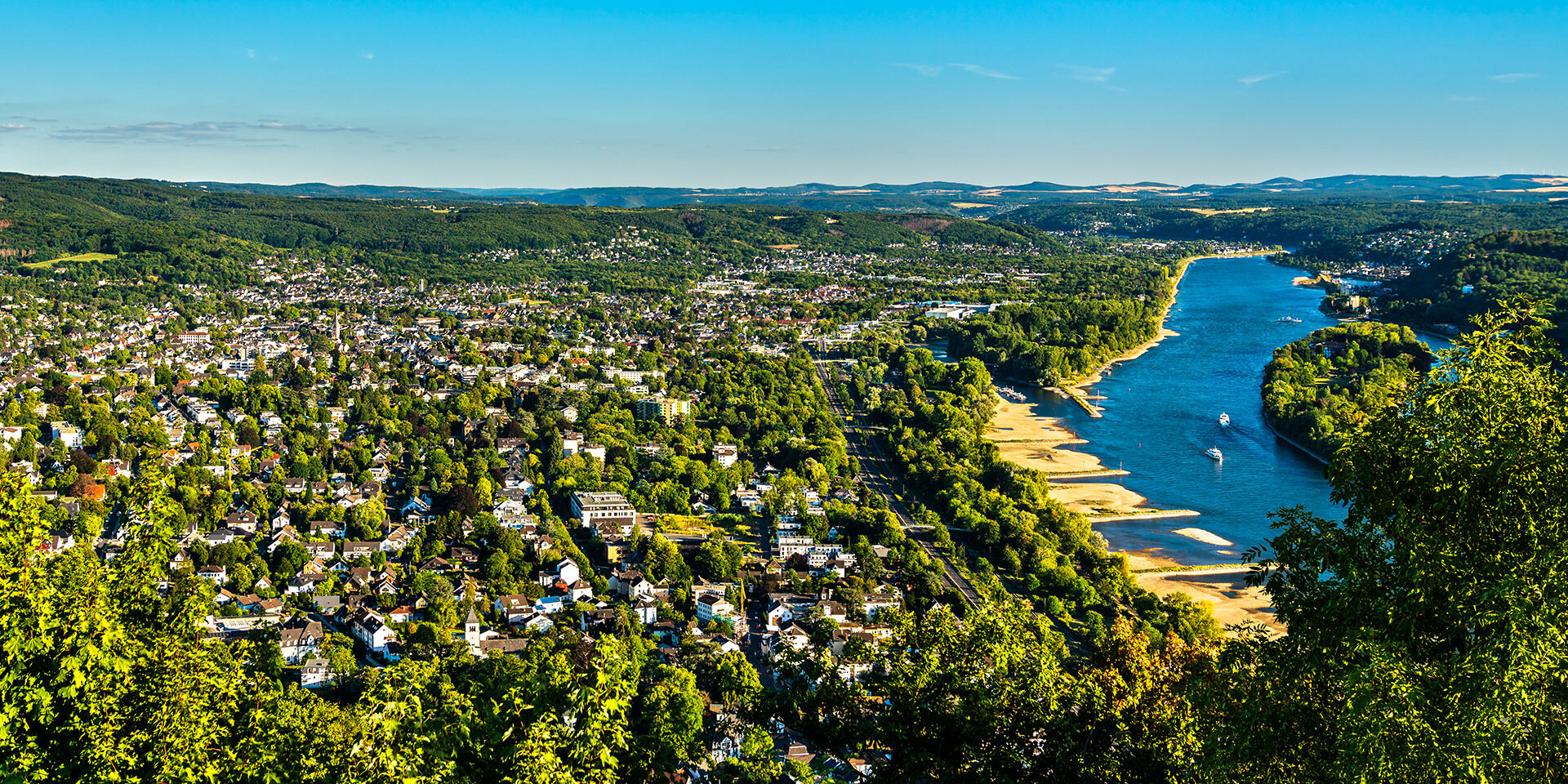 View from the Drachenfels to Bad Honnef and the Rhine river. North Rhine-Westphalia, Germany