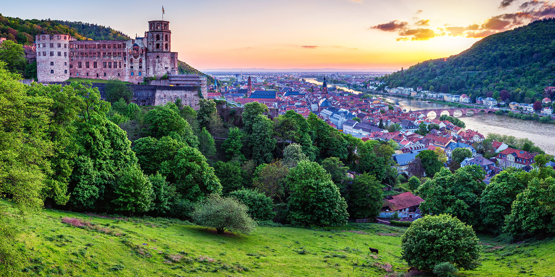 Heidelberg town with the famous old bridge and Heidelberg castle, Heidelberg, Germany