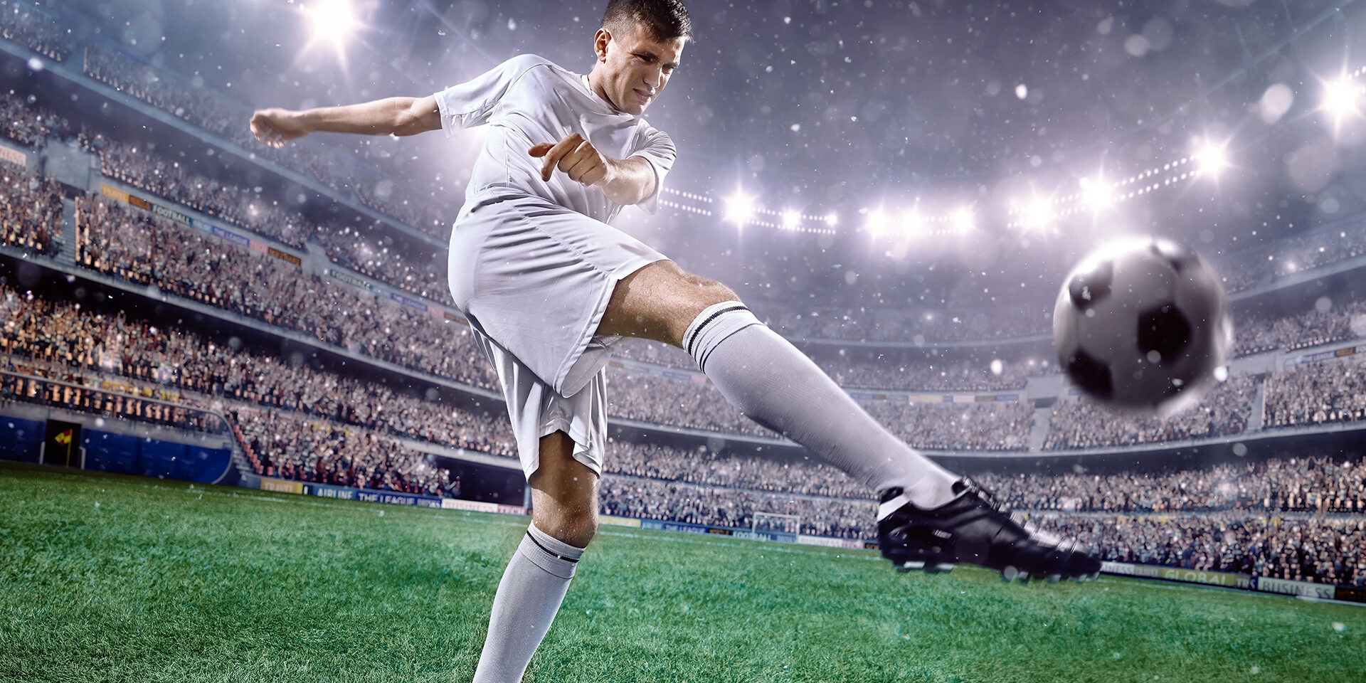 Soccer player in action on a professional arena full of spectators. Sport stadium made in 3D